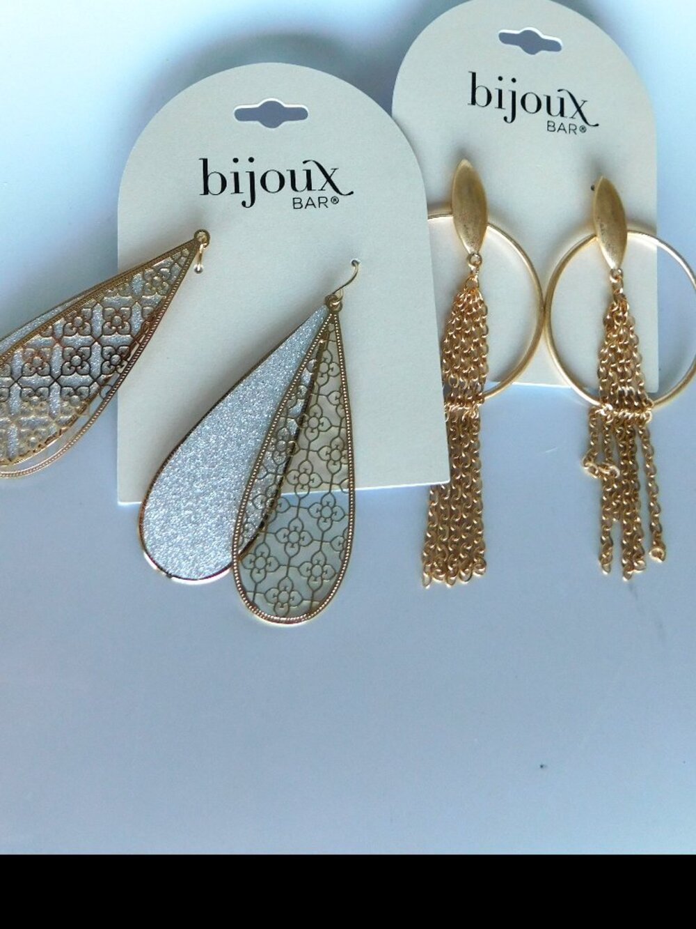 Lot of 2 Bijoux Bar Gold Dangle Hoop Chain Overlay Earrings Pierced